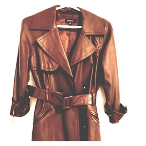 Bebe Genuine Brown Leather Trench Coat Small